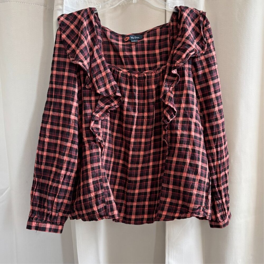 Indigo Poppy Women Top Large Western Plaid Ruffle Grunge Boho Milkmaid Y2K 18502